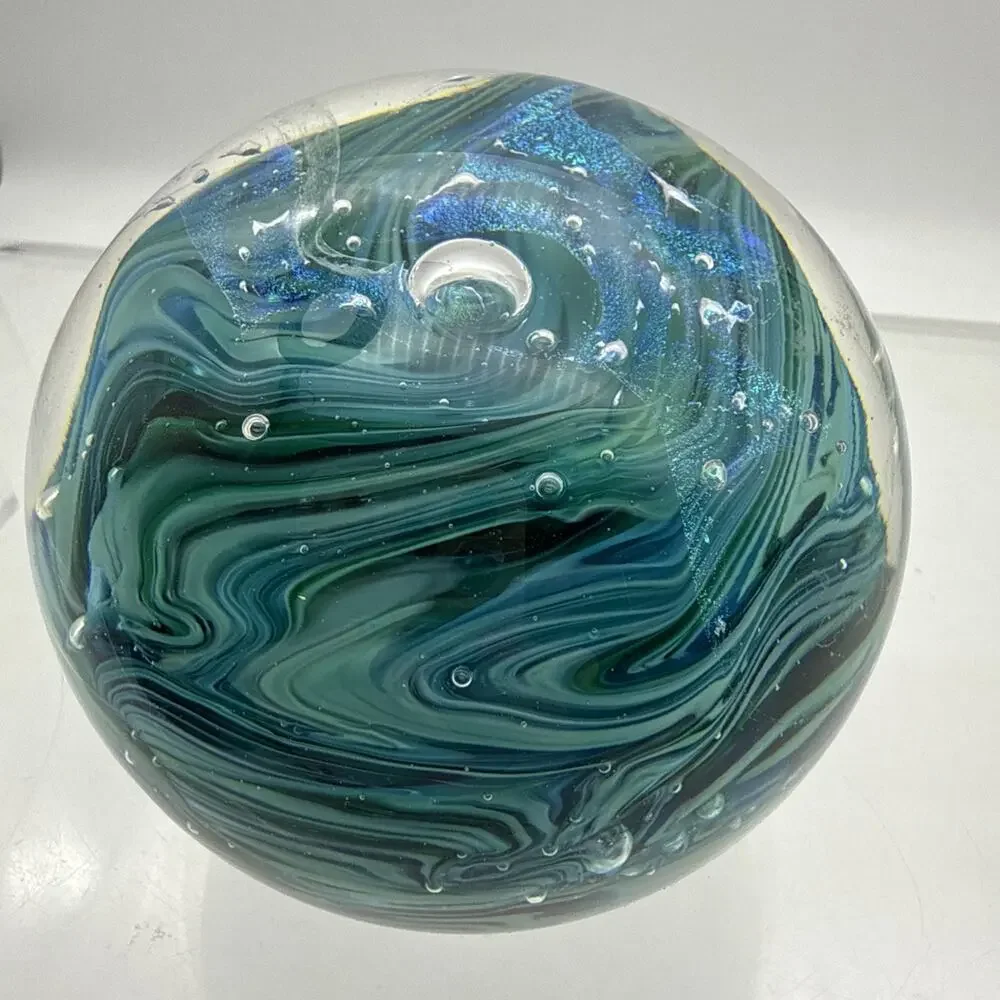Signed Blue Green Swirl Art Glass Paperweight Control Bubbles Metallic Accents
